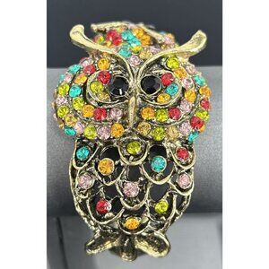 Owl Bracelet Rhinestone Spring Closure Mama And Baby Multicolor Goldtone 7" Vtg